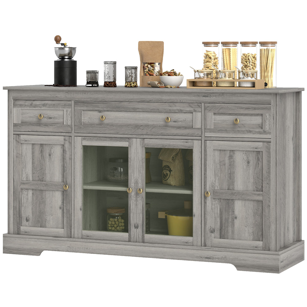 Sideboard with glass doors and adjustable shelves, patinated gray oak