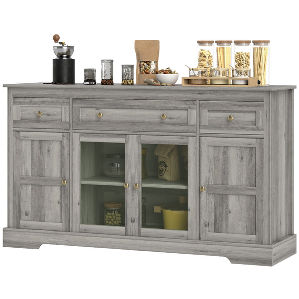 Sideboard with glass doors and adjustable shelves, patinated gray oak