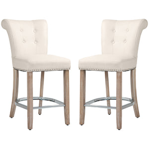 Set of 2 padded bar stools with tufted backrest, cream white