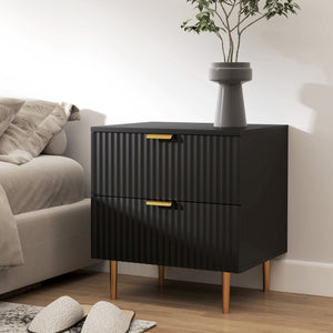 Modern bedside table with 2 fluted drawers and gold handles – Black