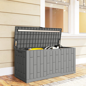 80-gallon outdoor resin storage box, lockable, splash-proof and UV-resistant.