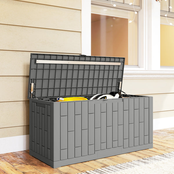 80-gallon outdoor resin storage box, lockable, splash-proof and UV-resistant.