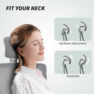 Ergonomic office chair with lumbar support and headrest, grey