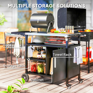 Outdoor BBQ Stand with Foldable Side Table, Stainless Steel Top, Pizza Oven Table with Wheels Hooks Shelves