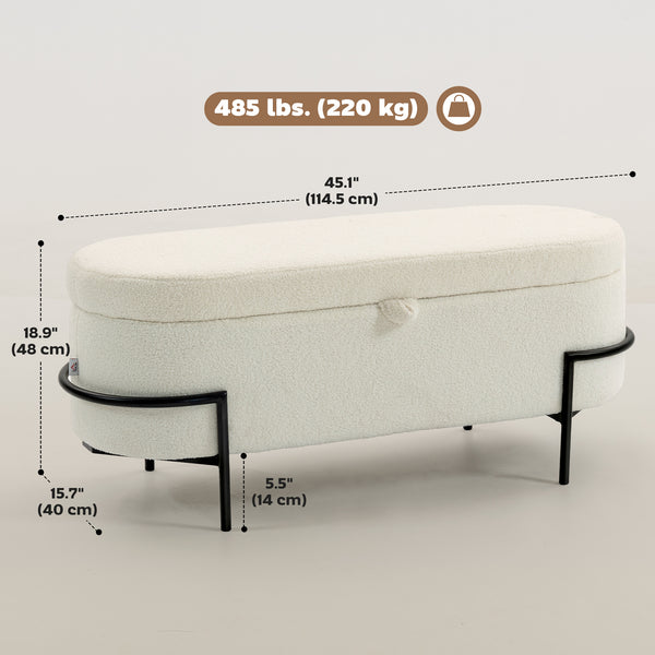Storage ottoman with lift-up lid and steel legs, cream white