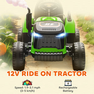 Green 12V tractor with trailer, remote control, music, lights, gear lever
