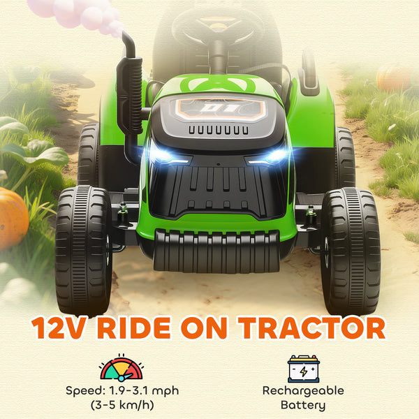 Green 12V tractor with trailer, remote control, music, lights, gear lever