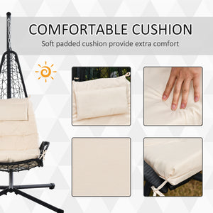 Outdoor Patio Wicker Hanging Egg Chair with Stand, Hammock Swing Chair with Cushion and Pillow, swing Chair with Stand, Cup Holder for Backyard, Garden, Porch, Beige