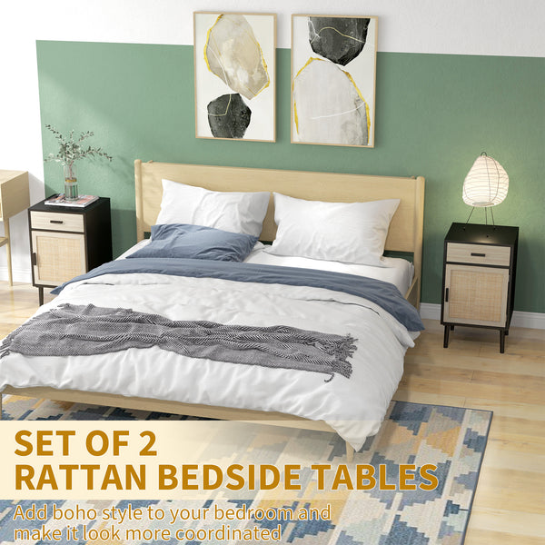 Set of 2 bohemian bedside tables with drawer and cabinet, black