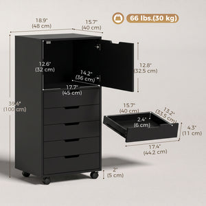 5-drawer mobile filing cabinet and storage unit, black