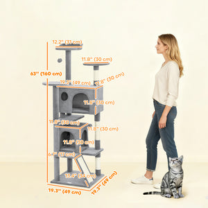 54" Cat Tree, Multi-Level Cat Tower with Scratching Posts, Cat Condos, Bed, Platforms, Ramp, Toy Ball, Light Gray
