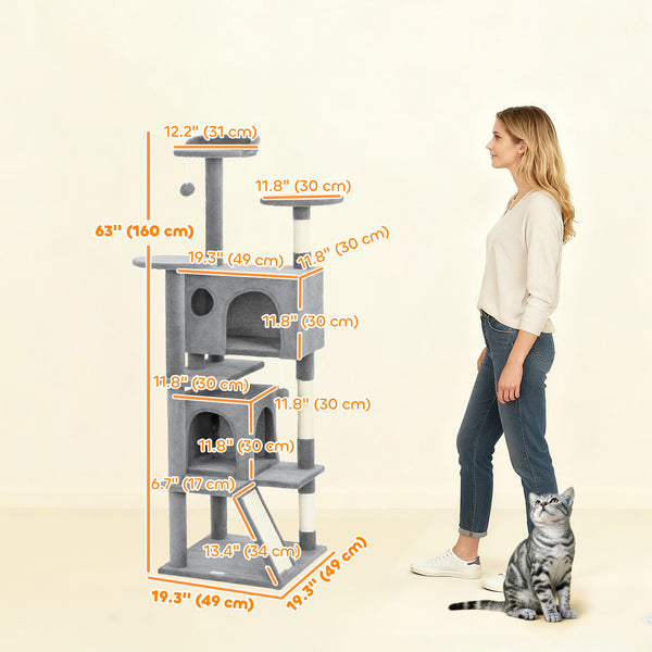 54" Cat Tree, Multi-Level Cat Tower with Scratching Posts, Cat Condos, Bed, Platforms, Ramp, Toy Ball, Light Gray
