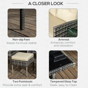 6-Piece Wicker Dining Set with Removable Cushions, Glass Top, 2 Ottomans and Coffee Table, Khaki