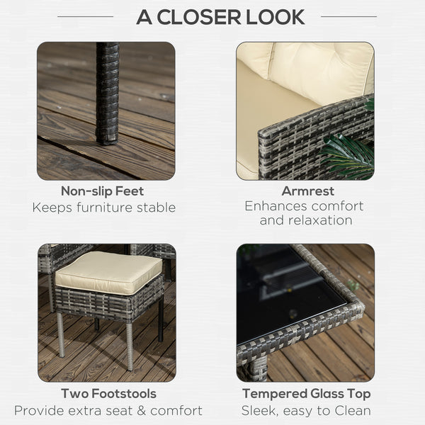 6-Piece Wicker Dining Set with Removable Cushions, Glass Top, 2 Ottomans and Coffee Table, Khaki