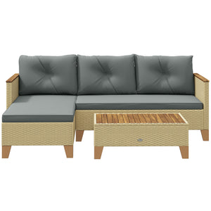 3 Piece L-Shaped Garden Furniture Set with Coffee Table and Wooden Top, Light Grey