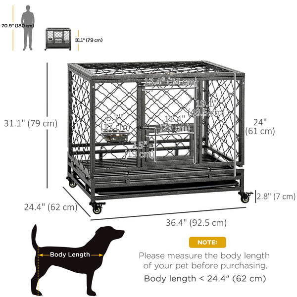 Robust cage with wheels, opening lid, removable tray and bowl