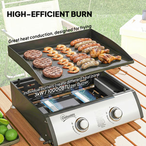 2-burner liquid propane gas barbecue, portable and tabletop, ideal for camping and picnics, silver.
