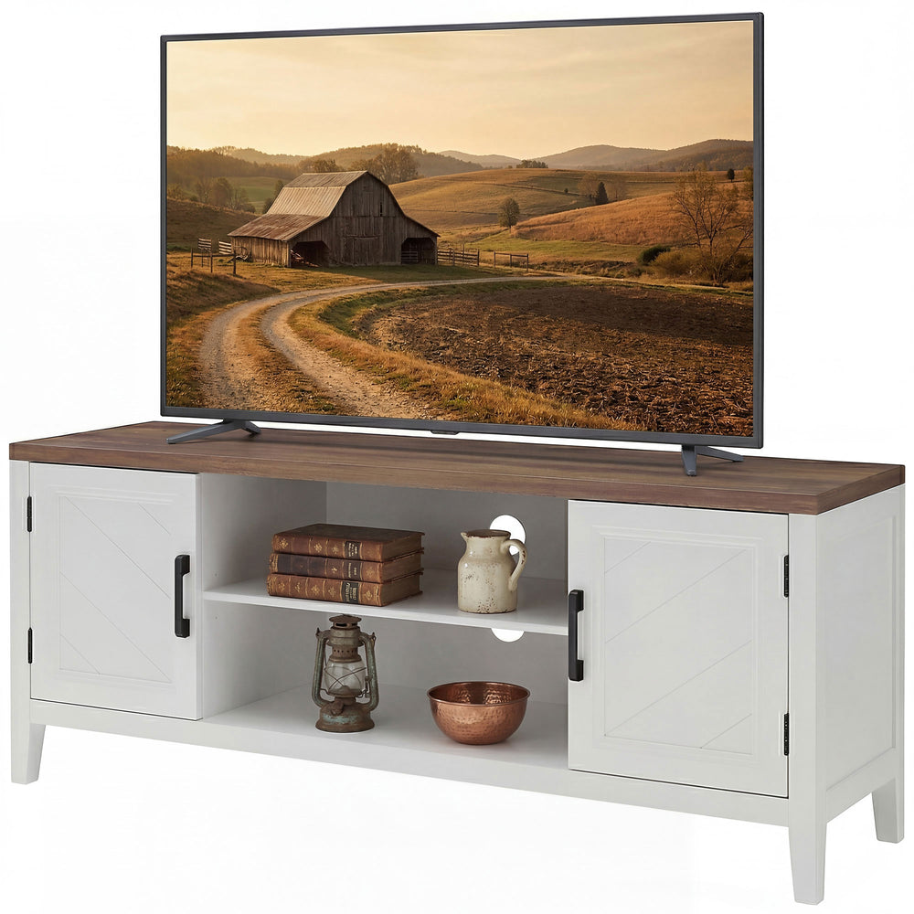 TV stand for up to 55-inch TVs with 2 open shelves, 2 cupboards, thick top, white and brown