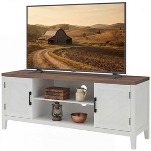 TV stand for up to 55-inch TVs with 2 open shelves, 2 cupboards, thick top, white and brown