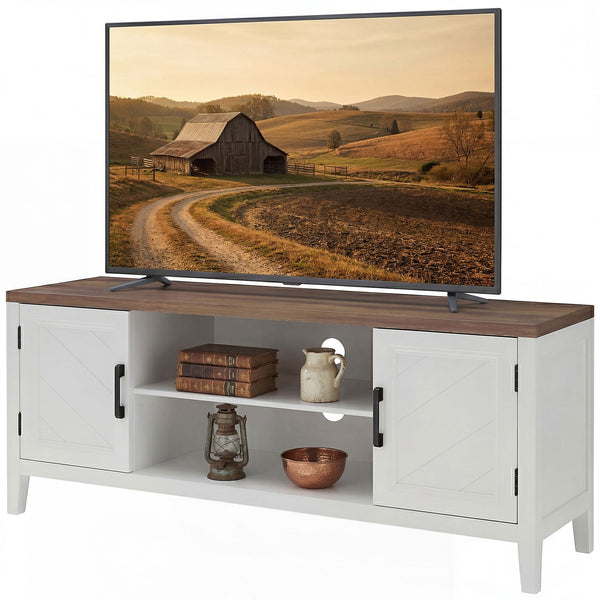 TV stand for up to 55-inch TVs with 2 open shelves, 2 cupboards, thick top, white and brown