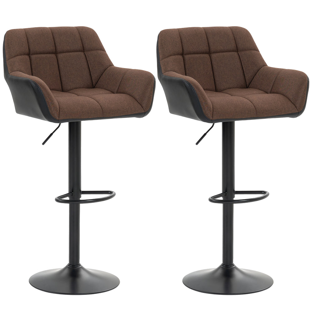 Set of 2 swivel bar stools with footrest, black and brown