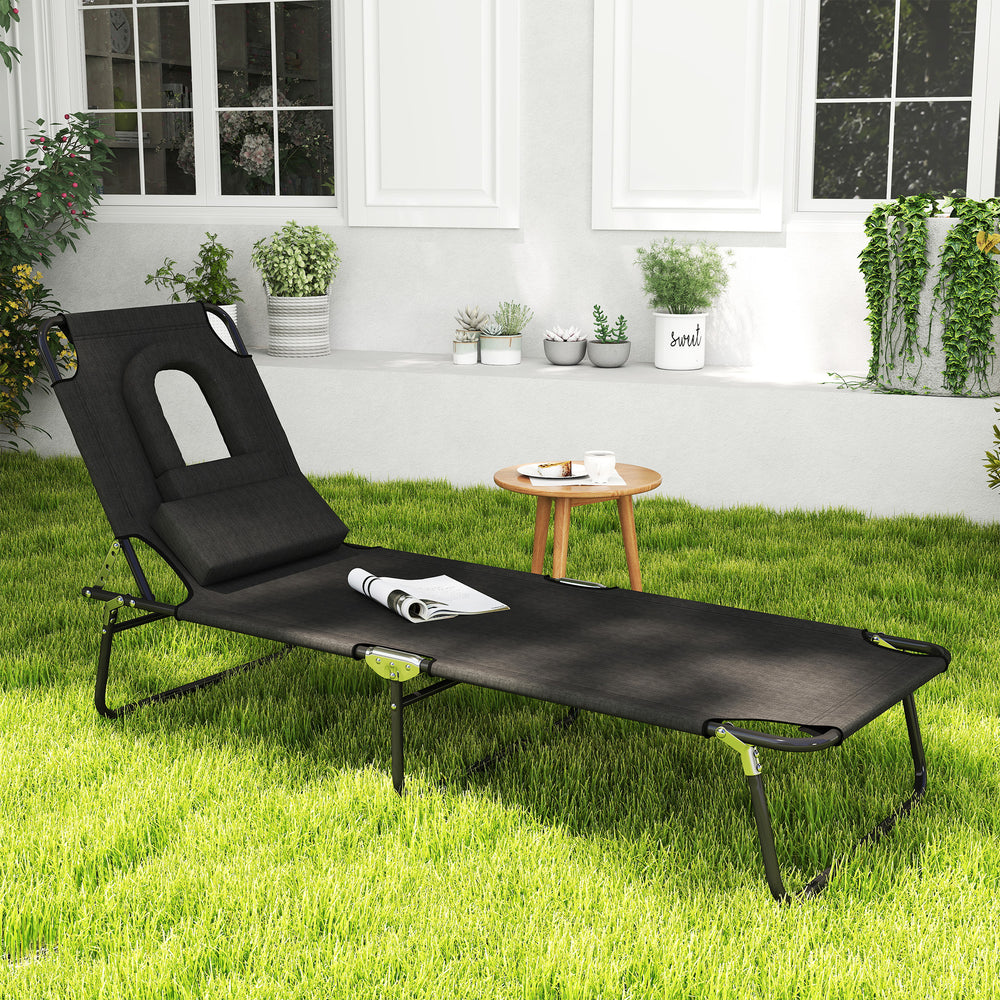 Adjustable Outdoor Lounge Chair with Face Hole, Reclining Tanning Seat, Folding Beach Bed with Support Cushion, Black