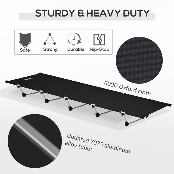 Lightweight aluminum camp bed with sturdy stand and carrying bag, black