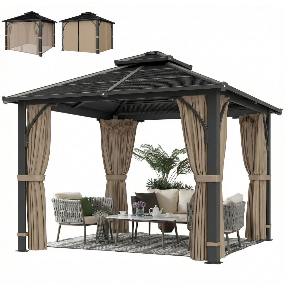 10' x 10' rigid gazebo with double polycarbonate roof, mosquito netting, and curtains, khaki 