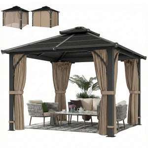 10' x 10' rigid gazebo with double polycarbonate roof, mosquito netting, and curtains, khaki 