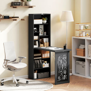 Fold-out Convertible Office Desk, Wall Mount Computer Desk with Blackboard and Side Shelf, Black
