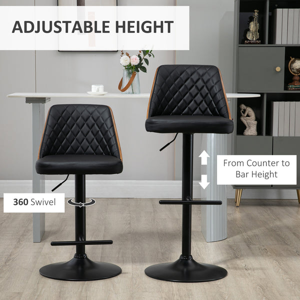 Set of 2 Modern Faux Leather Bar Stools, Swivel and Adjustable, Black