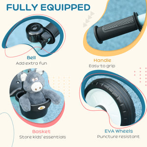 Tricycle with adjustable seat, basket, bell, blue