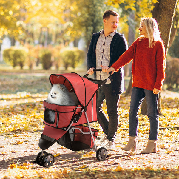 PawHut 3-Wheel Folding Stroller with Storage Basket, Red