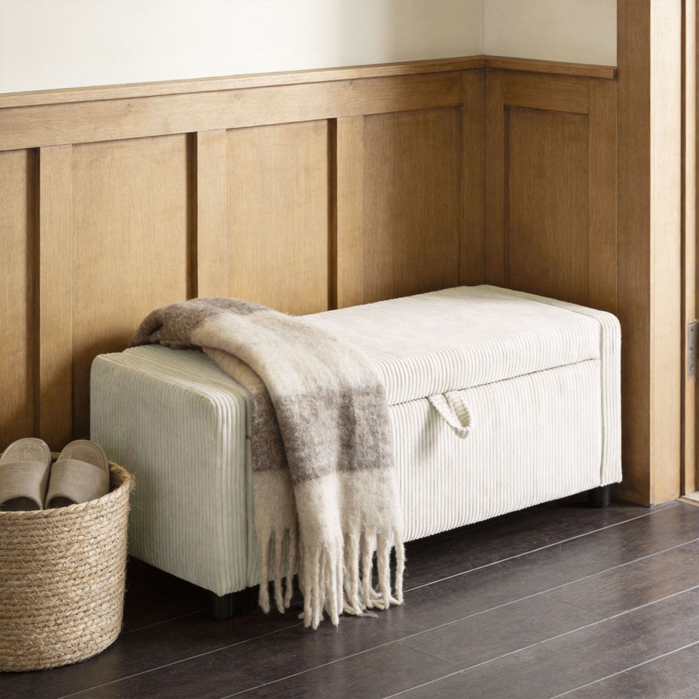 Tufted corduroy storage ottoman with thick padding, beige