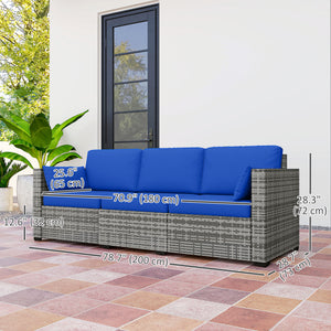 3-seater PE rattan outdoor sofa with cushions, blue