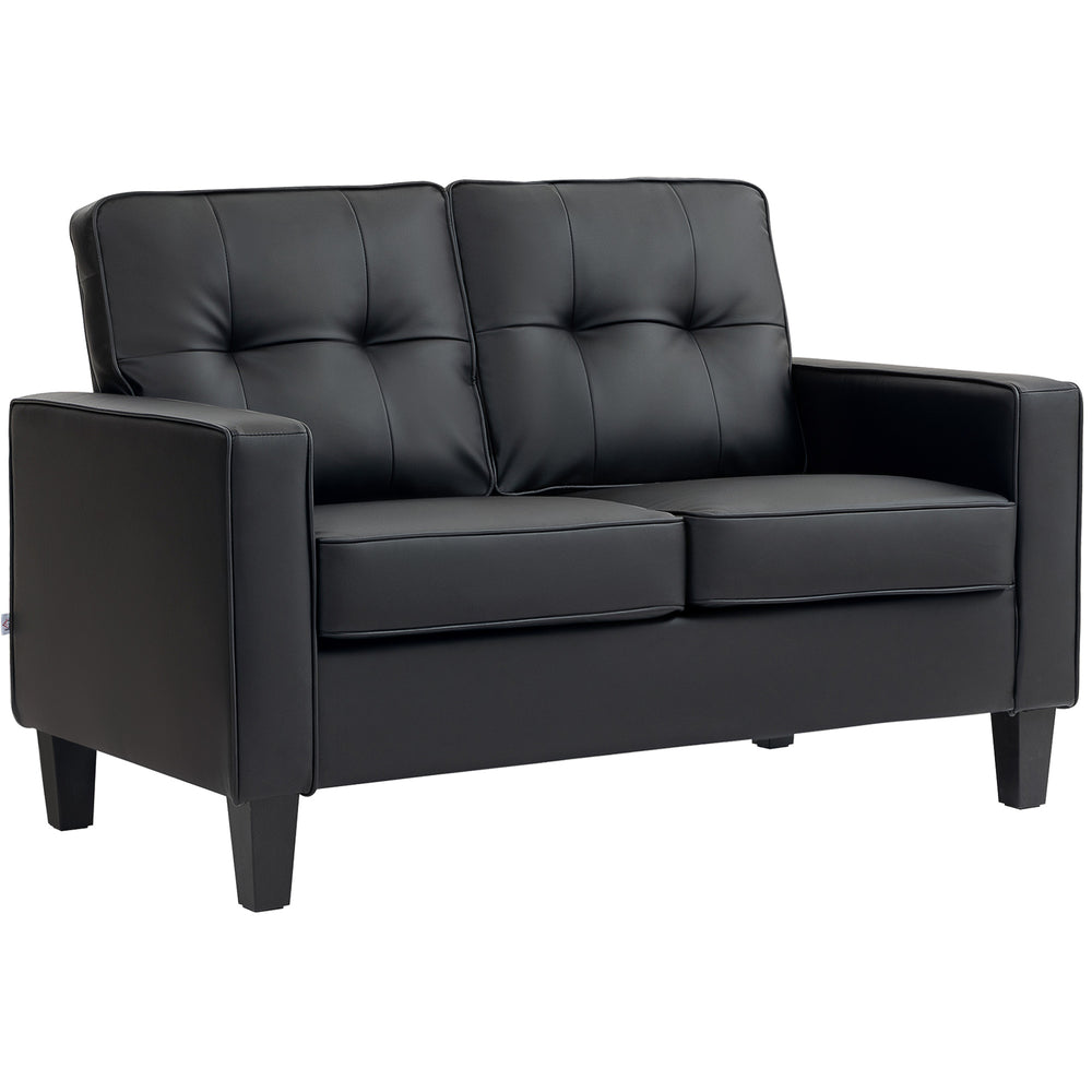 Double Upholstered Faux Leather Loveseat with Armrests, Black