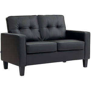 Double Upholstered Faux Leather Loveseat with Armrests, Black