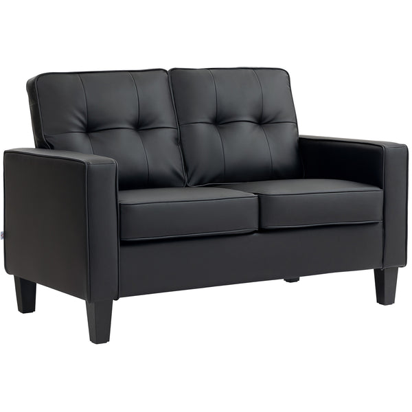 Double Upholstered Faux Leather Loveseat with Armrests, Black