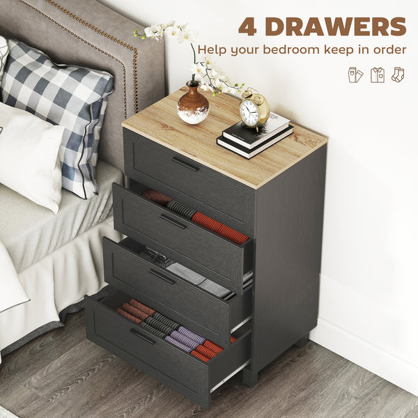 Chest of drawers with 4 drawers, solid wood legs, black.