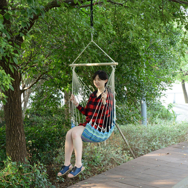 Hanging hammock made of woven rope, blue