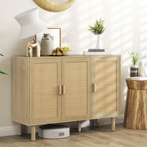 Bohemian buffet with 3 rattan doors and shelves, for living room or entryway, in oak.