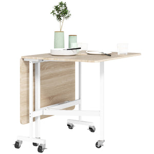 Folding drop-leaf dining table on wheels for 6 people – Oak and white
