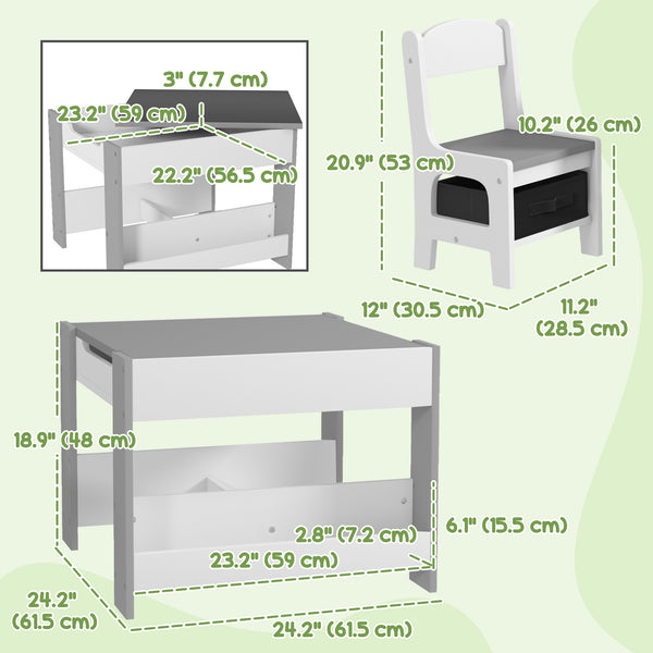 3-piece table and chair set with reversible top, chalkboard and black basket