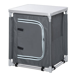 Aluminum camping cooking station with 2-shelf cabinet and carrying bag