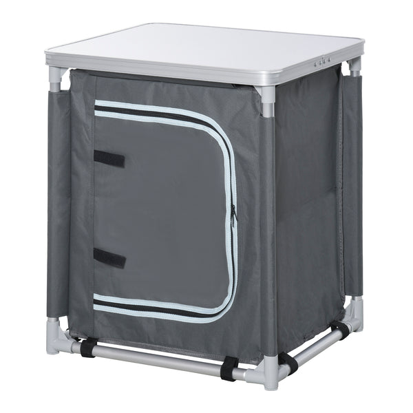 Aluminum camping cooking station with 2-shelf cabinet and carrying bag