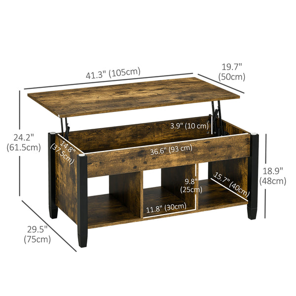 Lift-top coffee table with hidden storage compartment, 3 lower shelves, rustic brown