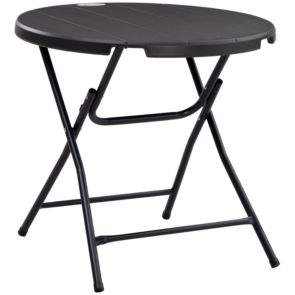 Round folding patio table with HDPE top and steel frame, dark grey