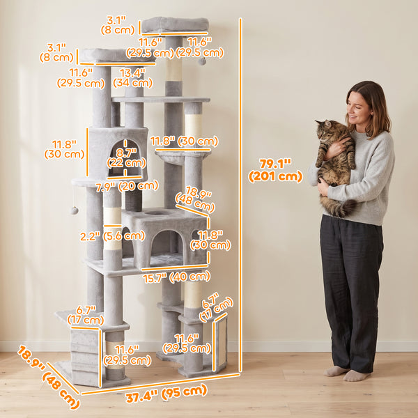 79-inch 5-level giant cat tree with 2 condos, hammock and scratching posts, gray