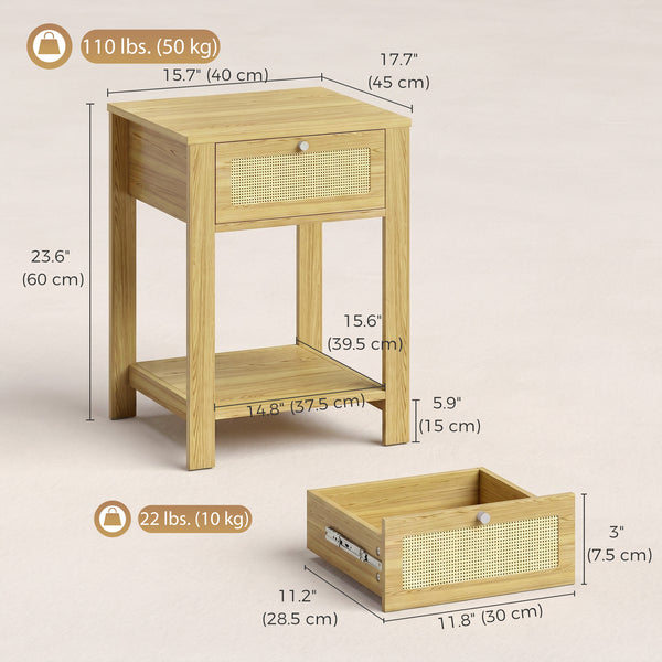 Side Tables with Drawer, Natural Wood Finish, Set of 2