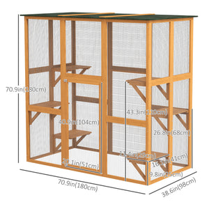 Wooden cat cage with 6 balanced platforms and asphalt roof, orange